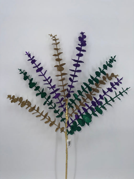 27"L Glittered Eucalyptus Spray X9 Mardi Gras HG3314 - DecoExchange