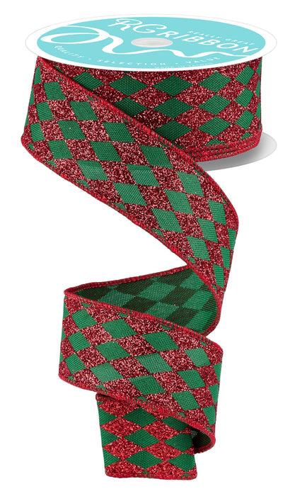 1.5"x10yd Glitter Harlequin Emerald Green/Red RGH144058