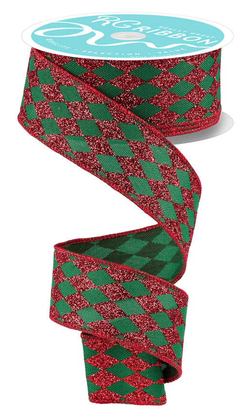 1.5"x10yd Glitter Harlequin Emerald Green/Red RGH144058