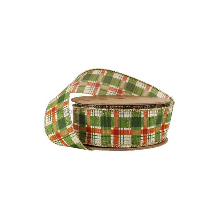 1 1/2’’ Wired Ribbon | Orange/Green Plaid W Gold Accent 10 Yard Roll 9702W-580-38E