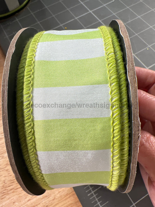 1.5’’ X Loyds Green White Stripe Taffeta Dupion Back Ds-87-1651 Ribbon
