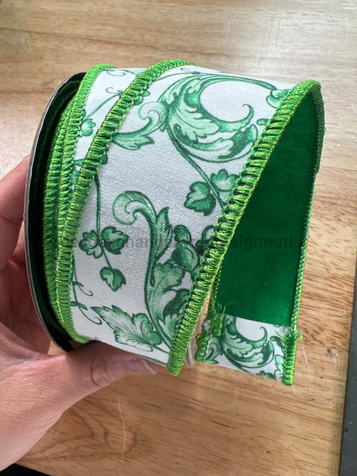 1.5’’ X Loyds Taffeta Acanthus Scroll Chinoiserie Green White Ds-18-4481 Ribbon