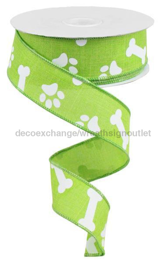 1.5"X100Ft Paw Print/Bones On Royal Lime Green/White RGA3150E9 - DecoExchange