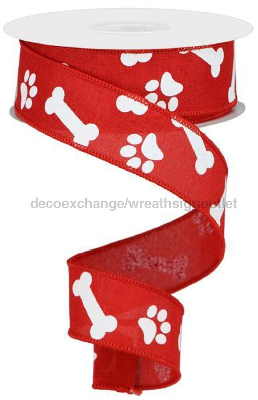 1.5"X100Ft Paw Print/Bones On Royal Red/White RGA315324 - DecoExchange