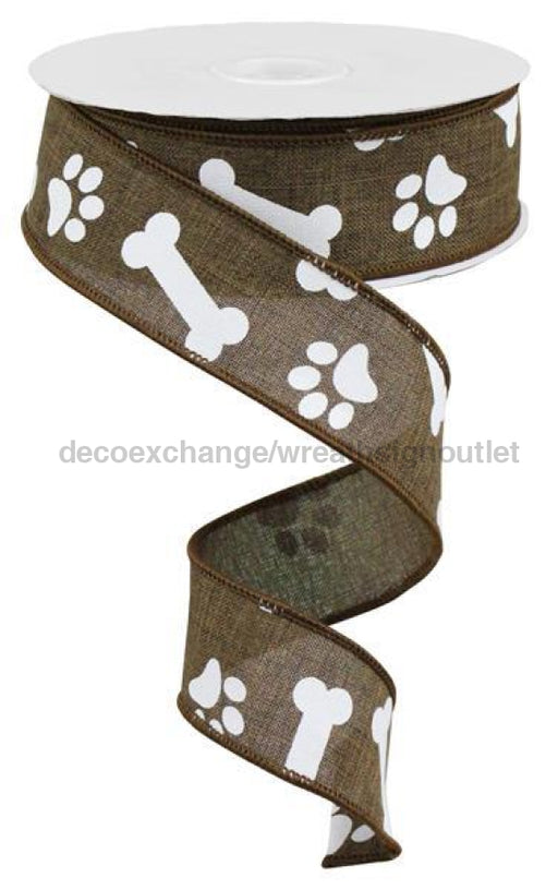 1.5"X10YD Brown/White PAW PRINT/BONES ON ROYAL RGA115004 - DecoExchange