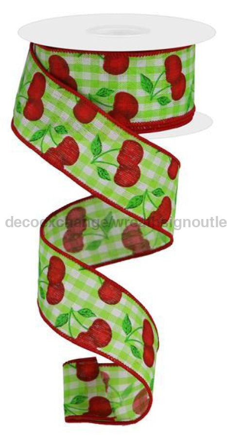 1.5"X10Yd Cherries On Gingham Check Green/White/Red RGA1649EM - DecoExchange