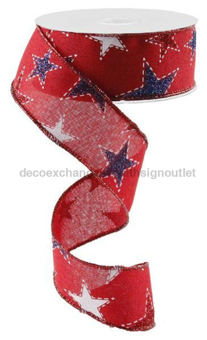 1.5"X10Yd Dashed Glitter Star On Royal Red/White/Navy RG0165724 - DecoExchange