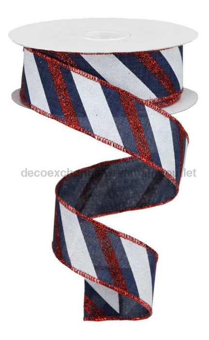 1.5’’X10Yd Diagonal Glitter Stripe Navy Blue/Red/White RGA107519 Ribbon
