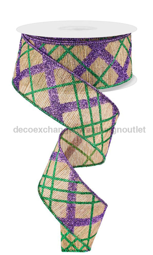 1.5’’X10Yd Diagonal Plaid On Metallic Mardi Gras Rgf1000 Ribbon