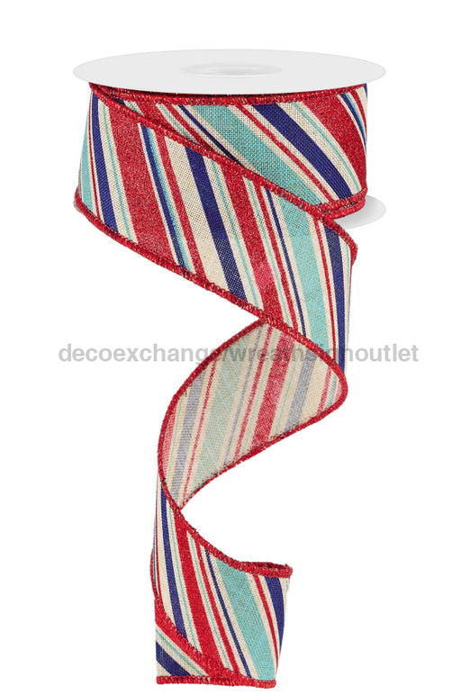 1.5’’X10Yd Diagonal Stripe Lt Nat/Lt Blue/Royal/Red RGE182418 Ribbon