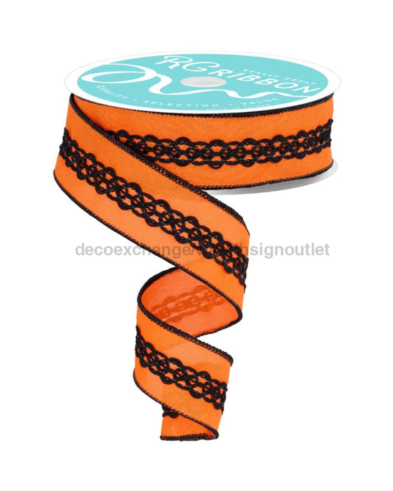 1.5’X10Yd Faux Royal Burlap/Lace Middle Orange/Black Rgc811220 Ribbon