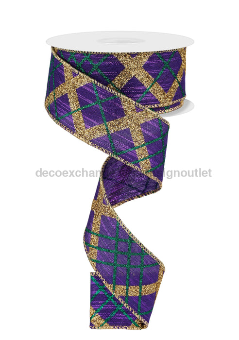 1.5’’X10Yd Glitter Diagonal Plaid Purple/Mardi Gras RGF109723 Ribbon