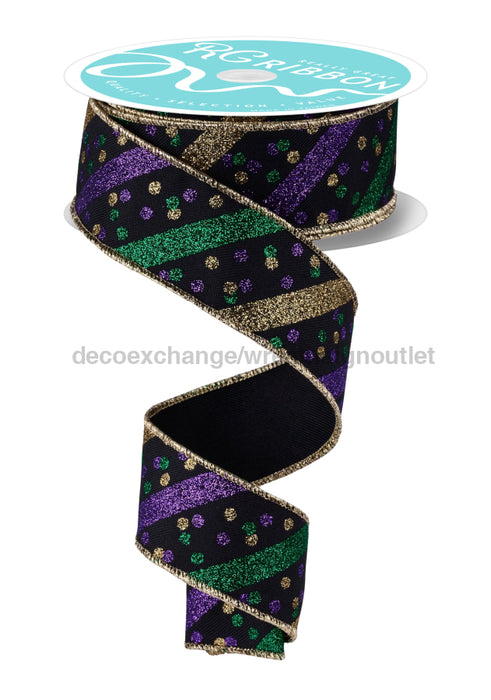 1.5’’X10Yd Glitter Stripe W/Confetti Dots Blk/Gold/Purple/Emerald RGF199286 Ribbon