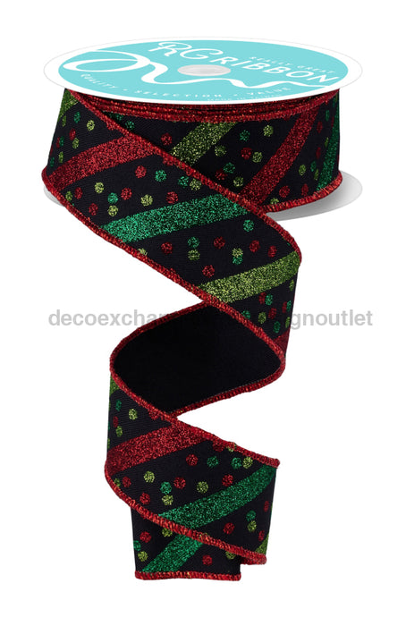 1.5’’X10Yd Glitter Stripe W/Confetti Dots Black/Red/Lime/Emerald RGF1992WJ Ribbon