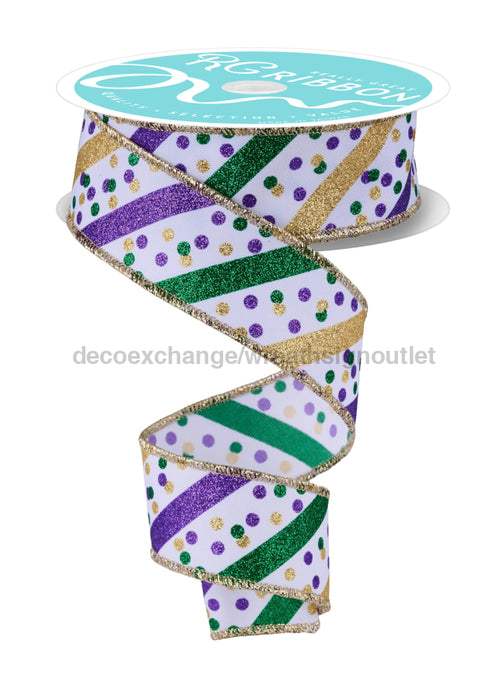 1.5’’X10Yd Glitter Stripe W/Confetti Dots White/Mardi Gras RGF1992C6 Ribbon