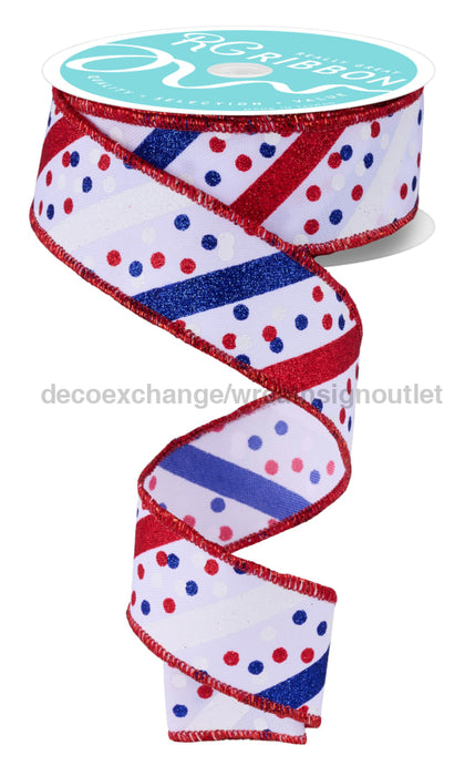 1.5’’X10Yd Glitter Stripe W/Confetti Dots White/Red/Royal Blue RGF199527 Ribbon