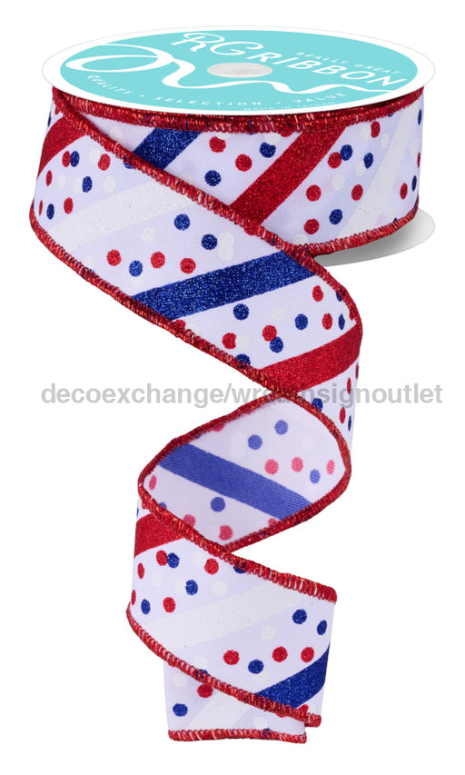 1.5’’X10Yd Glitter Stripe W/Confetti Dots White/Red/Royal Blue RGF199527 Ribbon