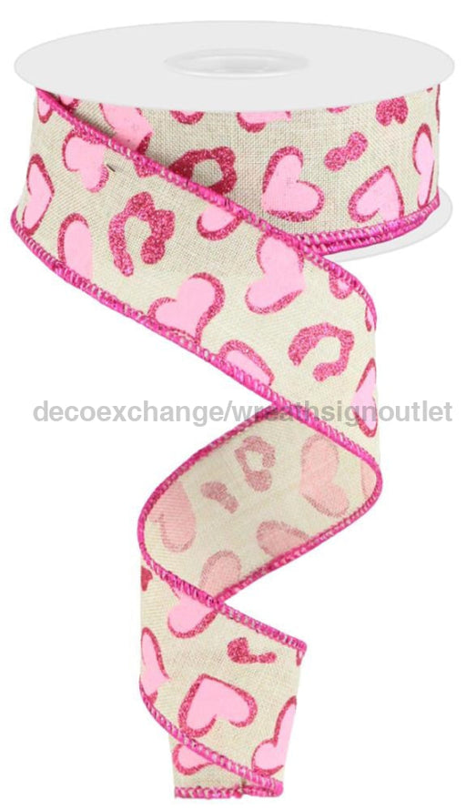 1.5’’X10Yd Heart Leopard Spots Lt Natural/Lt Pnk/Ht Pnk RGC189418 Ribbon