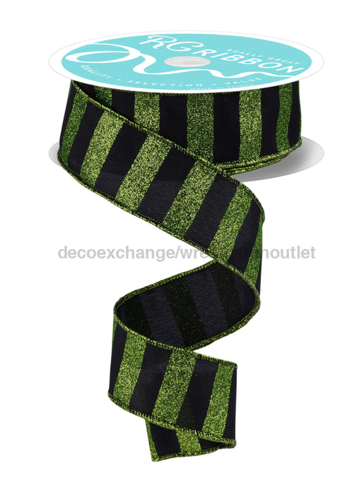1.5’’X10Yd Horizontal Glitter Stripes Black/Lime Green RGF1966YT Ribbon