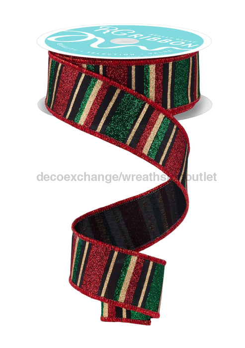 1.5’’X10Yd Horizontal Stripe Black/Red/Emrld/Gold RGF191202 Ribbon
