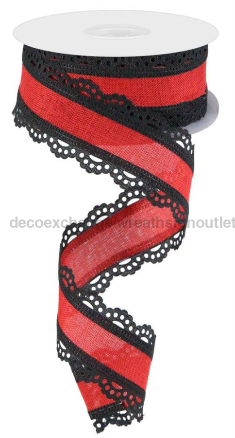 1.5"X10Yd Lace Edge Royal Burlap Black/Red RGA1541A9 - DecoExchange