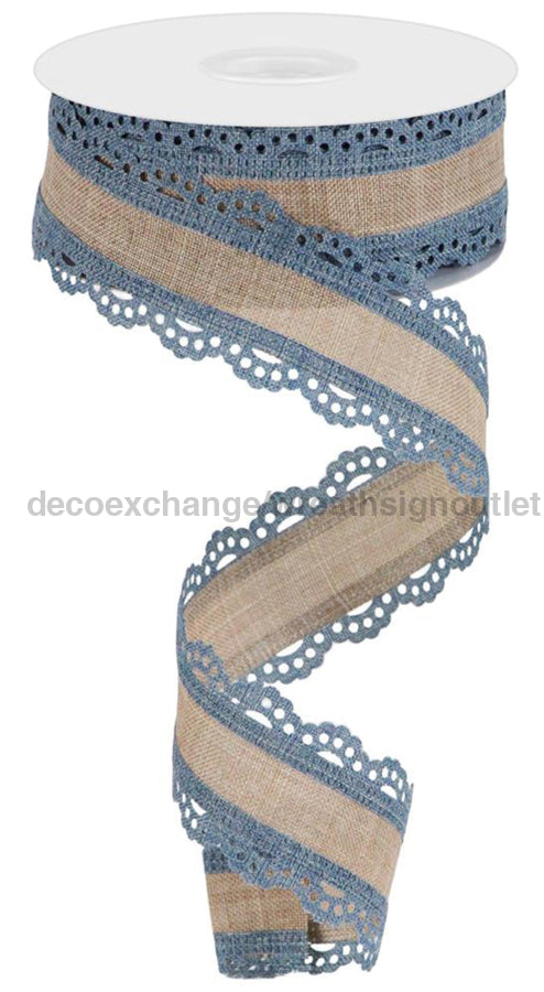 1.5’X10Yd Lace Edge Royal Burlap Faded Denim/Light Beige Rga1541Nt Ribbon