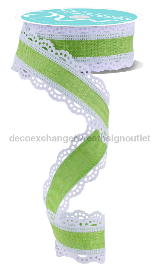 1.5’X10Yd Lace Edge Royal Burlap White/Lime Green Rga154109 Ribbon