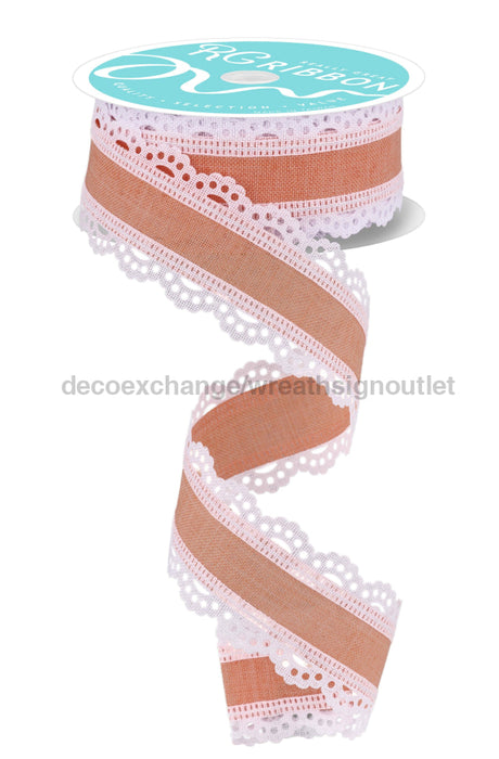 1.5’’X10Yd Lace Edge Royal Burlap White/Peach Rga1541Et Ribbon