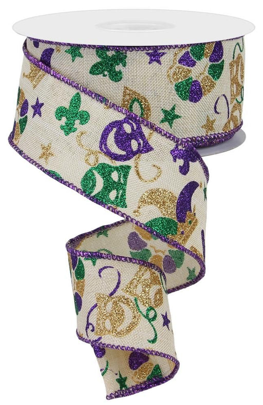 1.5"X10Yd Mardi Gras Pattern Cream/Mardi Gras RGE1243C2 - DecoExchange