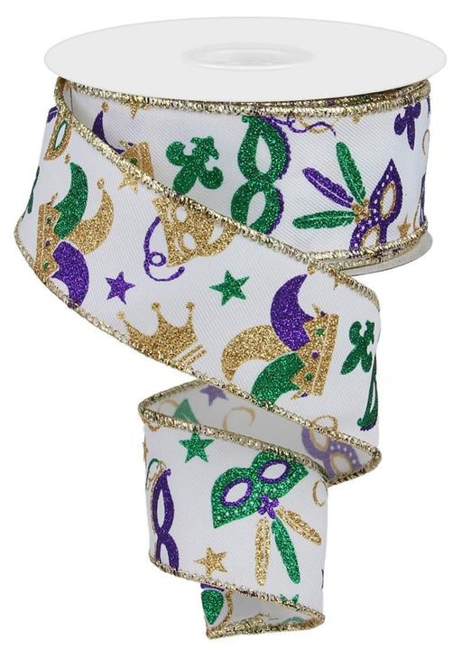 1.5"X10Yd Mardi Gras Pattern White/Mardi Gras RGE124327 - DecoExchange