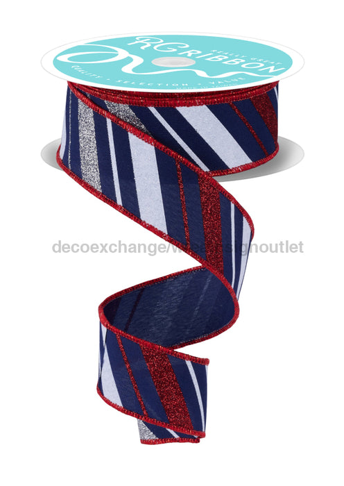 1.5’’X10Yd Multi Diagonal Stripe Navy/Red/Silver/White RGF184619 Ribbon