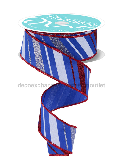 1.5’’X10Yd Multi Diagonal Stripe Royal/Red/Silver/White RGF184625 Ribbon