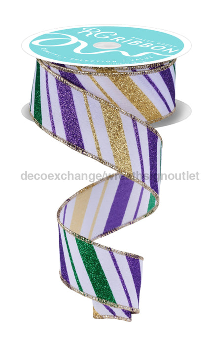 1.5’’X10Yd Multi Diagonal Stripe White/Mardi Gras RGF183727 Ribbon