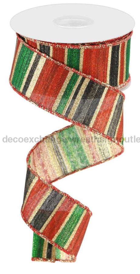 1.5’’X10Yd Multi Width Horizontal Stripe Gold/Red/Blk/Emrld RGC155908 Ribbon