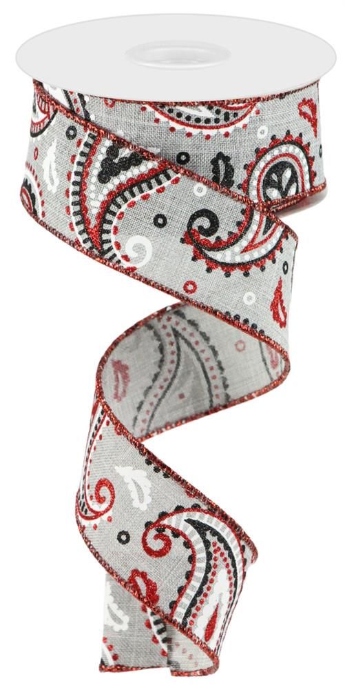 1.5"X10Yd Paisley On Royal Light Grey/White/Red/Black RGC138110 - DecoExchange