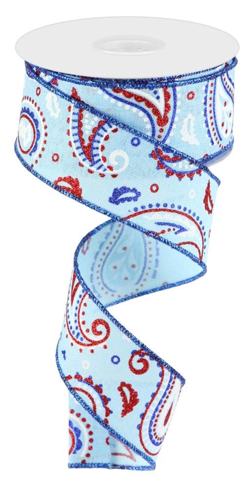 1.5"X10Yd Paisley On Royal Pale Blue/White/Red/Royal Blue RGC138114 - DecoExchange
