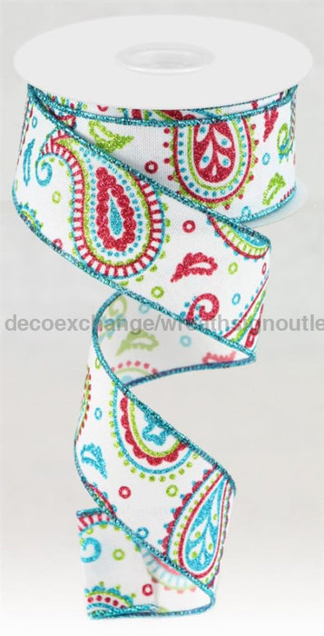 1.5’’X10Yd Paisley On Royal White/Lime/Ht Pnk/Turq RGC1375RT Ribbon