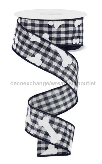 1.5X10Yd Pawprints And Bones On Gingham Navy Blue/White Rge186719 Ribbon