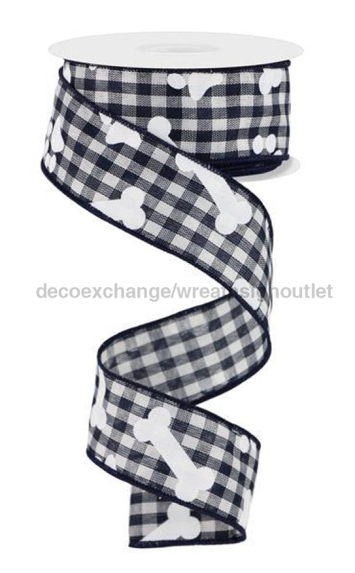 1.5X10Yd Pawprints And Bones On Gingham Navy Blue/White Rge186719 Ribbon