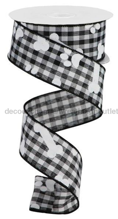 1.5"X10Yd Pawprints/Bones Gingham Check Black/White RGA1893X6 - DecoExchange