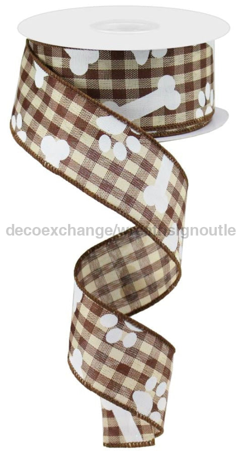 1.5"X10Yd Pawprints/Bones Gingham Check Brown/White RGA189504 - DecoExchange