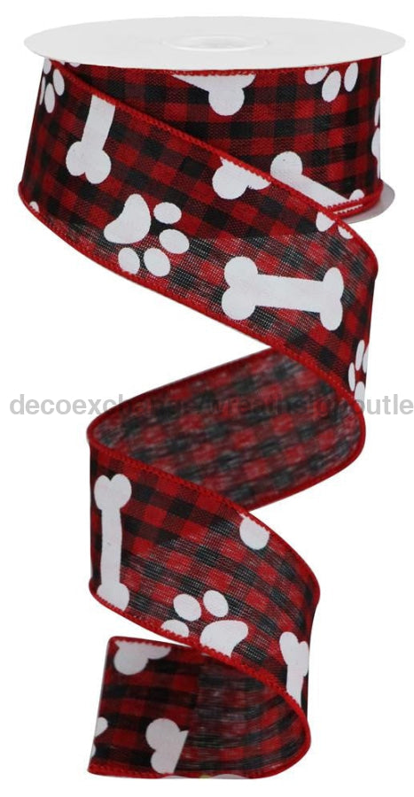 1.5"X10Yd Pawprints/Bones Gingham Check Red/Black/White RGA1895MA - DecoExchange
