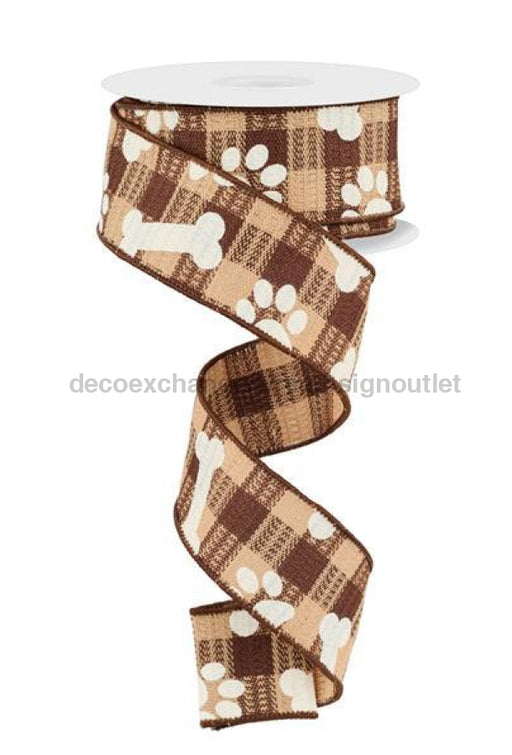 1.5"X10Yd Pawprints/Bones On Woven Check Cream/Brown/Beige RGF101201 - DecoExchange