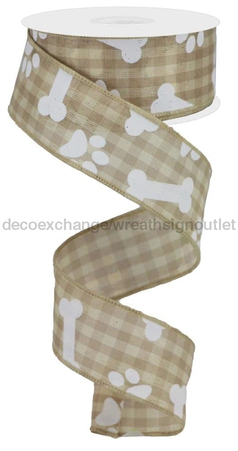1.5"X10Yd Pawprints/Bones Gingham Check Beige/Cream/White RGA189701 - DecoExchange