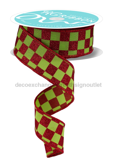1.5’’X10Yd Print Glitter Check Lime Green/Red RGH1059W1 Ribbon