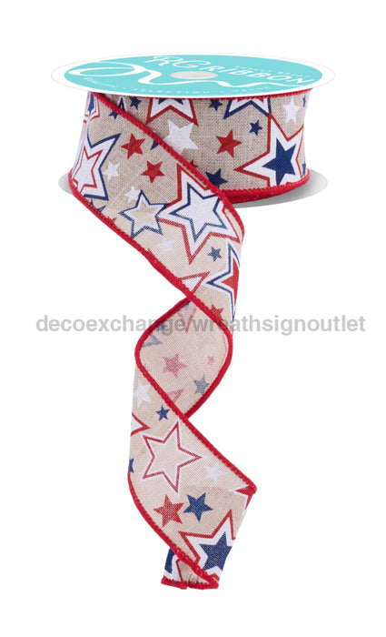 1.5’’X10Yd Printed Stars W/Glitter Lt Natural/Red/White/Blue Rgf158218 Ribbon