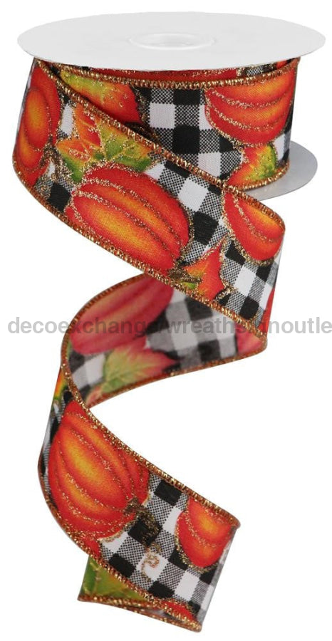 1.5’’X10Yd Pumpkin/Leaves On Check White/Orange/Yellow/Green RGA195127 Ribbon