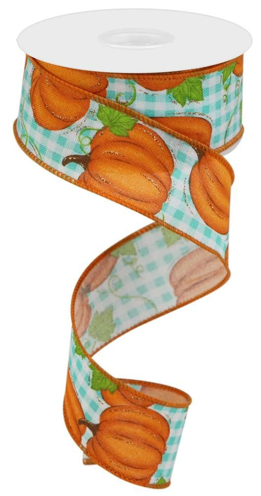 1.5"X10Yd Pumpkin Patch/Check White/Orange/Moss/Turquoise RGA14793T - DecoExchange