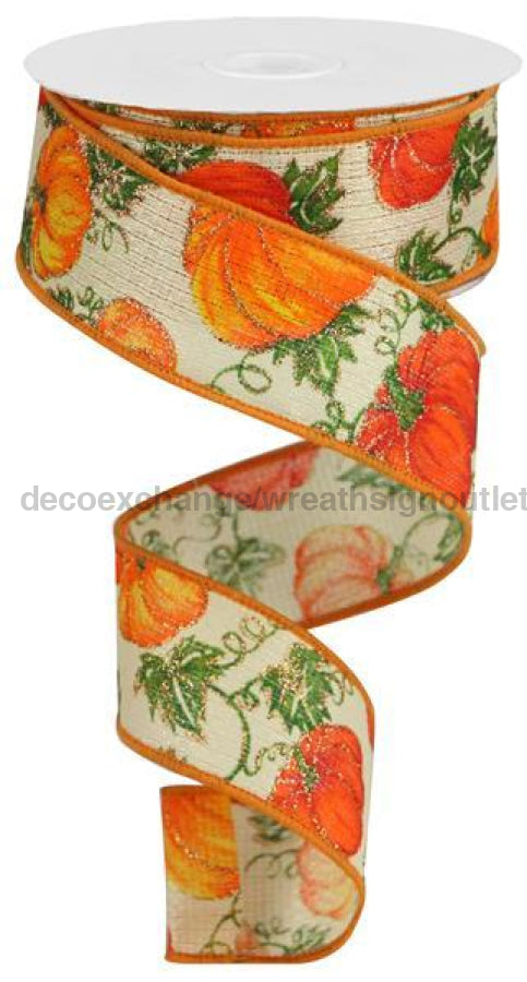 1.5"X10Yd Pumpkins/Leaves/Faux Burlap Crm/Org/Ylw/Green/Gold RGC1032 - DecoExchange