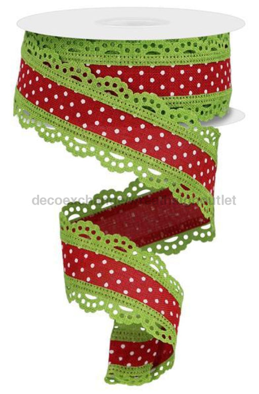 1.5’X10Yd Raised Swiss Dots W/Lace Red/White/Lime Rg08869T9 Ribbon